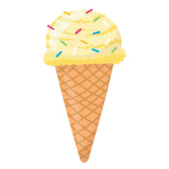 Cute kids style vanilla ice cream cone with sprinkles isolated summer dessert vector illustration