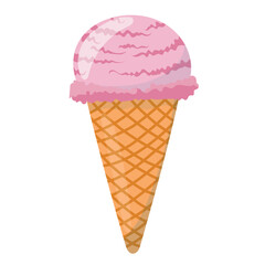 Cute kids style pink strawberry ice cream cone isolated summer dessert vector illustration