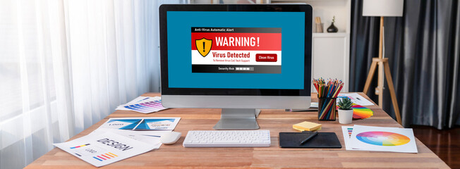 Virus warning alert on computer screen detected brisk cyber threat , hacker, computer virus and malware