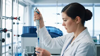 Female Scientist in White Lab Coat Working in Laboratory, Surrounded by Scientific Equipment with Blue Liquid in Pipette for Experiments and Scientific Breakthrough