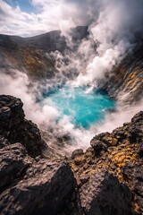 Fototapeta premium Volcanic Crater with Turquoise Lake and Steam