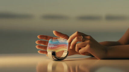 Closeup of hands interacting with a futuristic smart ring displaying colorful data