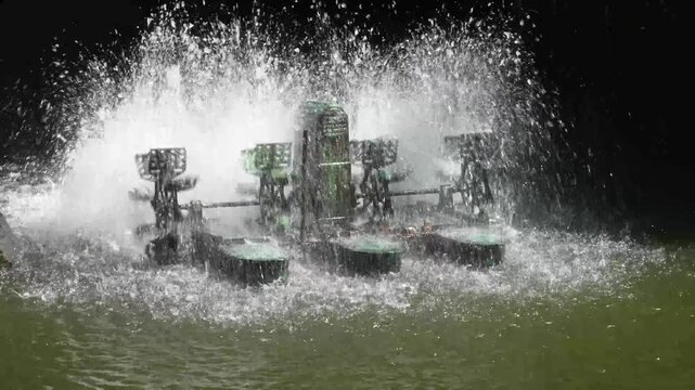Slow motion water aerator splashing water in industrial pond