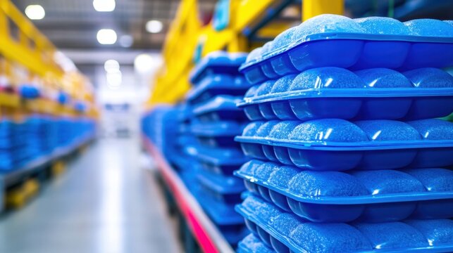 Neatly stacked blue gel ice packs in a manufacturing facility ready for distribution