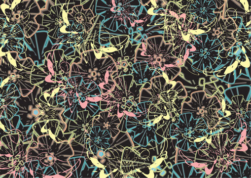 Textural backdrop created by floral and butterfly elements for prints or covers. Tropical motifs for fashion trends, business concepts, textiles, interior solutions, tiles, fabrics, wallpaper, posters
