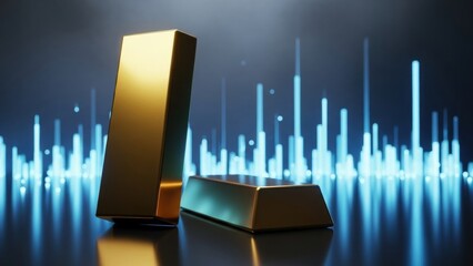 Shiny gold bars representing financial growth and investment success against an abstract digital data background.