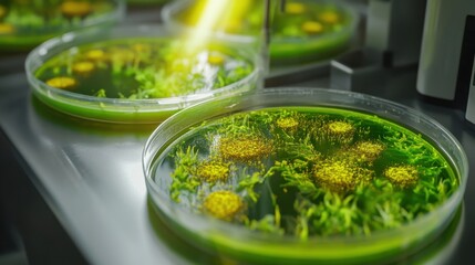 Petri dishes containing green agar gel with yellow cultures of microorganisms under bright laboratory lighting for scientific research