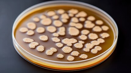 Petri dish containing growing bacterial cultures with visible colonies on nutrient agar