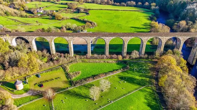 An aerial view flying towards the cefn viaduct near Chirk, Wales