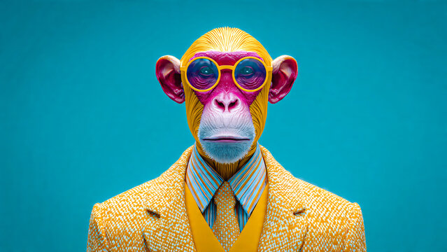 Singe &eacute;l&eacute;gant portant une cravate et un costume avec des lunettes de soleil