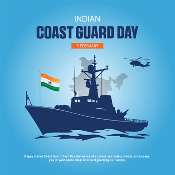 Indian coast guard day silhouette vector illustration with naval patrol ship rescue helicopter india map and tricolor flag on blue ocean background for patriotic poster banner and social media design