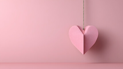 un dise&ntilde;o de textura color rosa pastel con un corazon colgante de papel con un mecate con espacio de copia pancarta o decorativa para tarjeta 