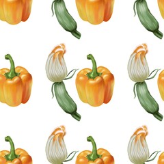 Seamless Squash Blossom and Orange Pepper Pattern on White