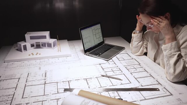 Female architect facing burnout after long late nights, rubbing tired eyes while holding glasses amid blueprints, laptop and a modern building model on her cluttered desk