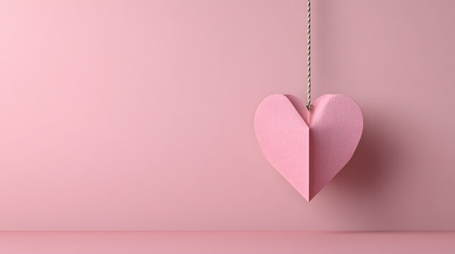 un dise&ntilde;o de textura color rosa pastel con un corazon colgante de papel con un mecate con espacio de copia pancarta o decorativa para tarjeta 
