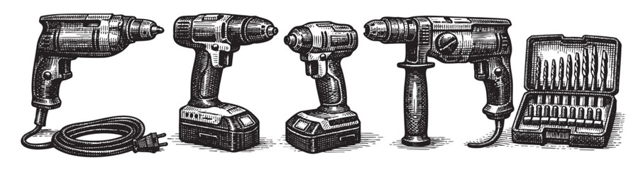 Black and white vector illustration of a drill set on a white background, useful for workshop or construction related designs.