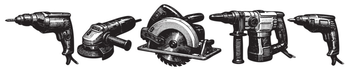 Hand tools, including a drill, grinder, and saw, are shown in a black and white drawing with vintage, artistic style.