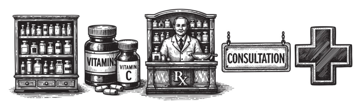 Hand-drawn vintage pharmacy scene with a pharmacist, medicine cabinet, vitamin bottles, consultation sign, and a pharmacy cross symbol in black and white.