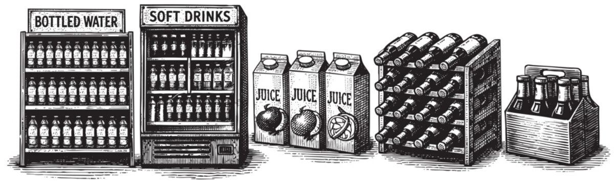 Black and white illustration of beverage selection in a grocery store or market including water, soft drinks, juice boxes, beer packs, and wine rack bottles.