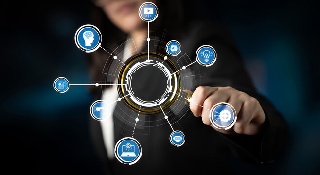 A businesswoman interacts with a virtual interface showcasing various technology icons, representing data analysis and digital transformation in a professional environment. Crux - Powered by Adobe