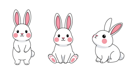 Set of 3 cute cartoon rabbits vector isolated PNG with Transparent Background