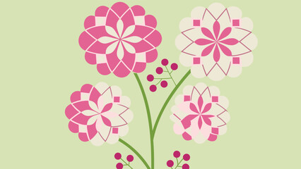 Obraz premium Vibrant pink and white flowers with green stems on light green background floral pattern decorative blooms