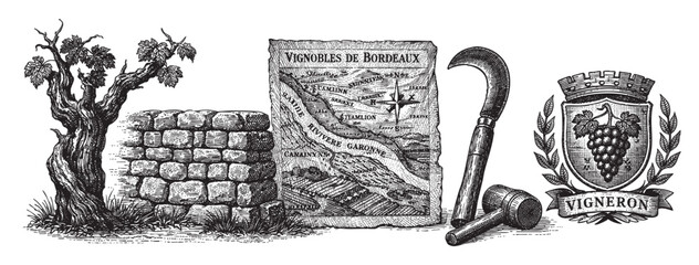 Obraz premium Engraved illustration of vineyard elements includes grapevine, stone wall, tool, map and coat of arms related to wine, viniculture, harvest and agriculture.