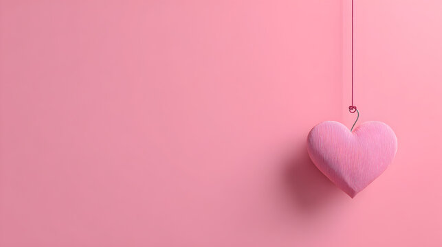 un fondo color rosa pastel con espacio de copia con un corazon colgante decorativo para tarjeta de san valentin o de amistad y amor 
