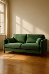 Relaxing green couch in bright room modern interior design cozy atmosphere natural light