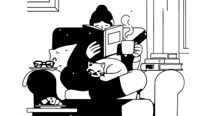 Obraz na płótnie Canvas Monochrome illustration of people relaxing at home with books and pets on a couch.