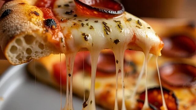 A close-up, dynamic, horizontal shot of a slice of pepperoni pizza being lifted, resulting in dramatic strings of melted cheese dripping downwards.