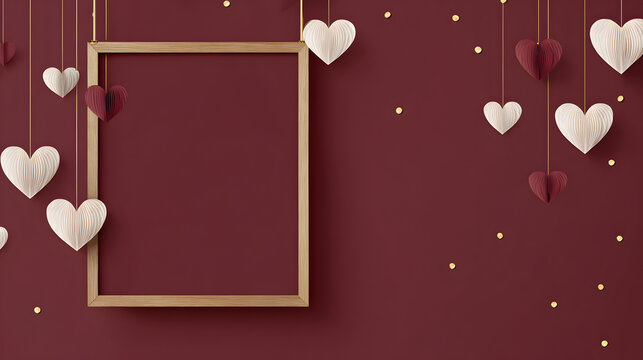 un fondo color tinto con espacio de copia con un marco o porta retrato vacio para dise&ntilde;o con corazones colgantes decorativos para san valentin o el 14 de febrero 