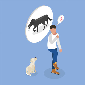 3D Isometric Flat Vector Illustration of Cynophobia, Fear Of Dogs, Mans Bad Experience Typifies Common Human Fear Concept