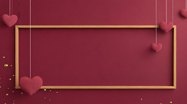 un fondo para el dia de 14 de febrero para san valentin con un porta retratos o marco vacio con espacio de ocpia con corazones colgantes decorativos adornos 