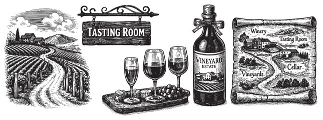 Naklejka premium Collection of vector illustrations including a vineyard landscape, tasting room sign, wine tasting, bottle and a vineyard map. Great for branding, menu design, and packaging.