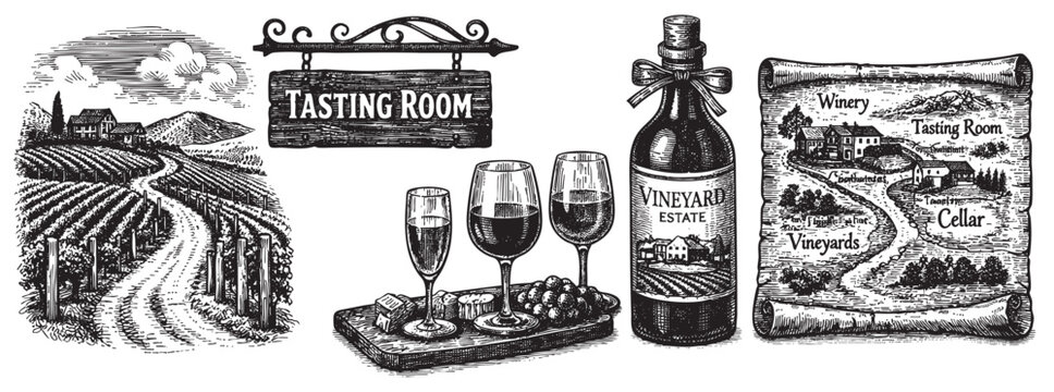 Collection of vector illustrations including a vineyard landscape, tasting room sign, wine tasting, bottle and a vineyard map. Great for branding, menu design, and packaging.
