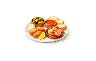 Assorted snack platter with shrimp, olives, cheese, and dipping sauces