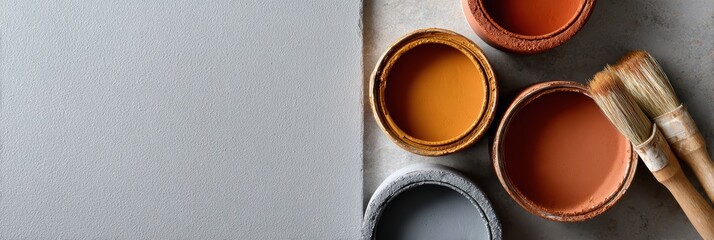 interior design display, a designers workspace captured in a wide-angle shot, with open paint cans in terracotta, ochre, and slate blue on the right, and a clean, solid light-gray surface on the left