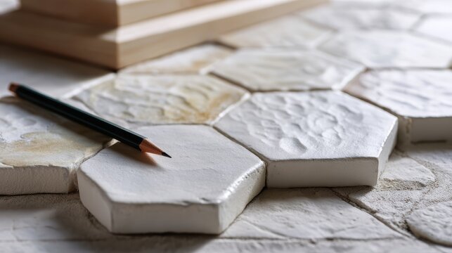 moroccan tile installation, zellige tiles arranged in intricate patterns on a bathroom floor, with soft lighting highlighting their glaze and color