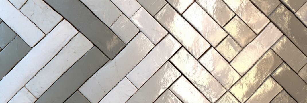 tile installation, a wide shot showing the installation of white zellige tiles in a herringbone pattern, with a glossy finish on the right and a primed wall on the left