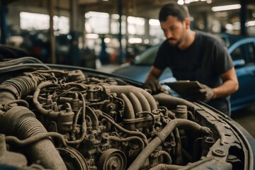 Inspecting engine mechanics auto repair shop automotive maintenance workshop technical diagnostics