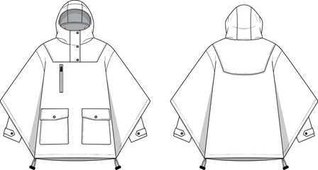 Poncho technical sketch, hooded outerwear, fashion flat drawing, utility garment, pockets, straps, zipper, flat vector illustration © Creative _design