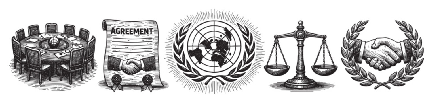 Black and white vector illustration depicts international law and diplomacy symbols, including a peace negotiation table, agreement, United Nations logo, scales of justice, and handshake.