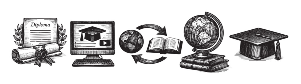 Black and white etching-style art conveys online learning and graduation, depicted through a diploma, computer screen, globe, and graduation cap on a seamless white background.
