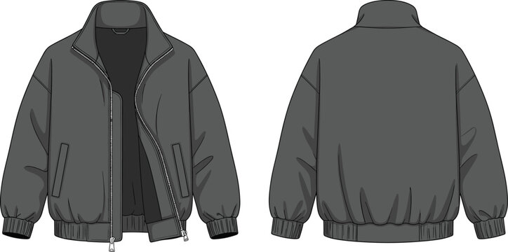 Front and back technical sketch of bomber jacket with zipper, ribbed cuffs, collar, pockets, clean back, flat vector illustration