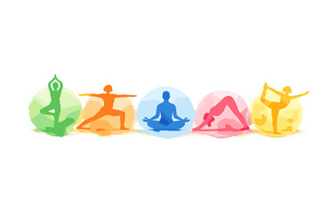 Colorful silhouettes practicing diverse yoga poses in watercolor style