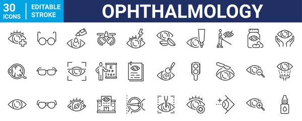 Ophthalmology line web line icon set. Medical eye care, optometry, vision correction, and more. Editable stroke. Vector illustration