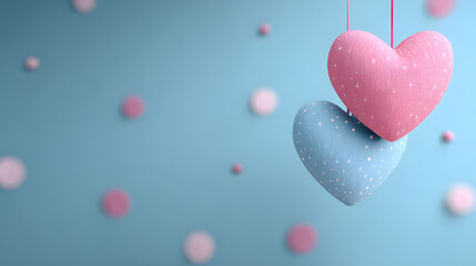 Obraz premium un diseño de color azul cielo con puntos desenfocados con corazones esponjosos color azul y rosa con espacio de copia diseño creativo para san valentin 