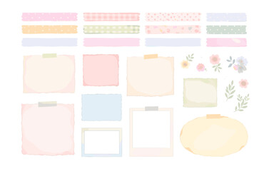 Pastel scrapbooking elements with notes, tapes, and floral decorations