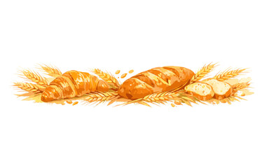 Fototapeta premium Assorted baked bread and croissant with wheat ears
